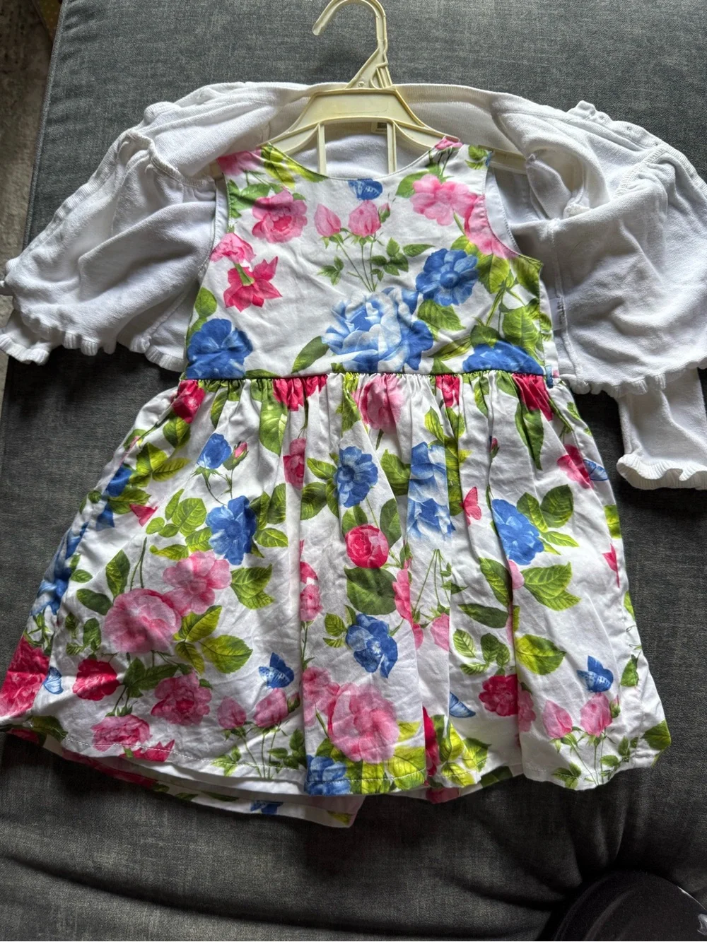 Carter's White Floral Sundress with Pink Ribbon and Blue Accents
